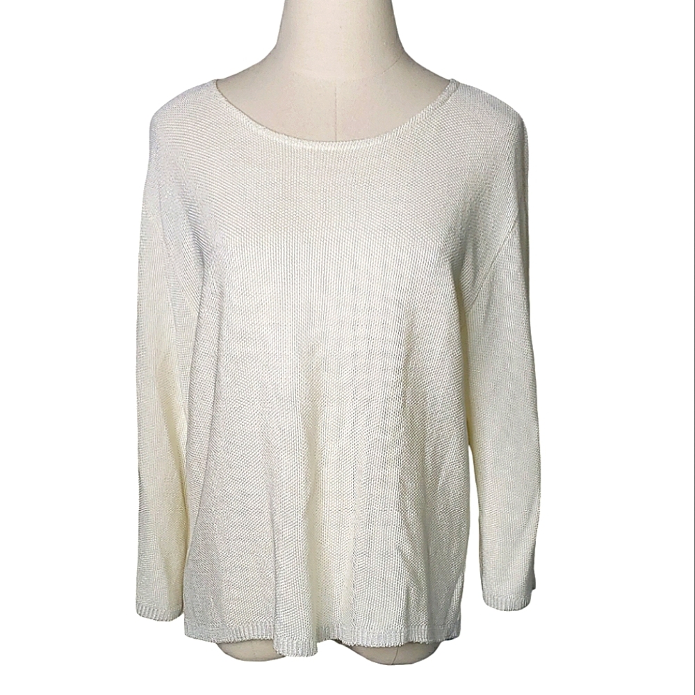 Vtg Pow Wow Waffle Sweater Nubby Weave Quiet Luxury USA Viscose Scoopneck Top L